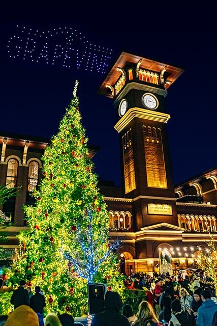 People watch a drone show in the night sky. There is a lighted Christmas tree in front of