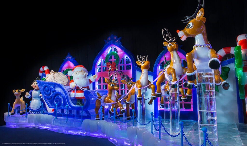 Santa and his reindeer, all made of ice, take off into the sky