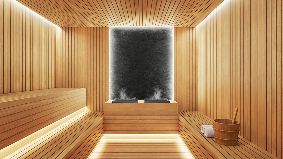 A sauna covered in beautiful wood tones at Canyon Ranch Wellness Center