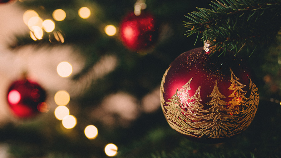 A red Christmas ornament with glittery gold trees hangs from a Christmas tree branch