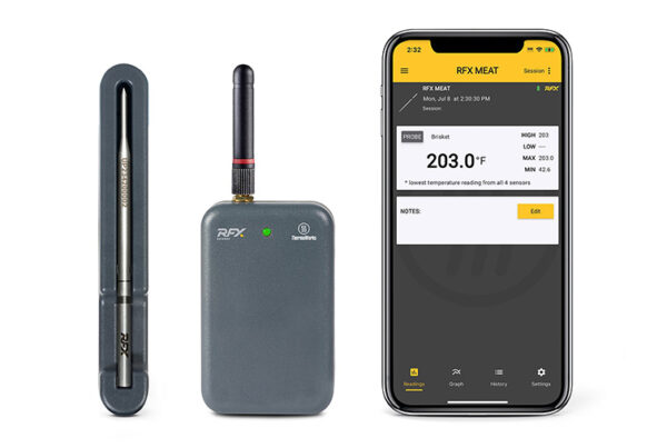 ThermoWorks’ new RFX Probe shown alongside the convenient phone app.