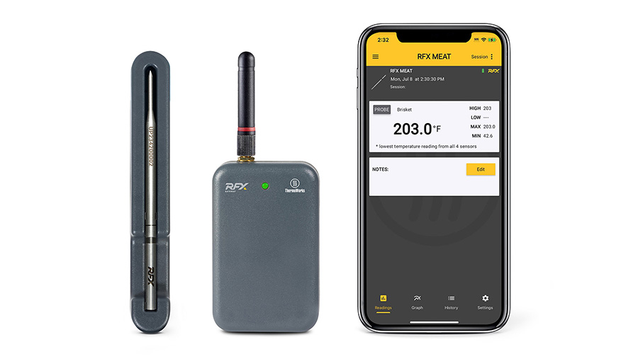 ThermoWorks’ new RFX Probe shown alongside the convenient phone app.