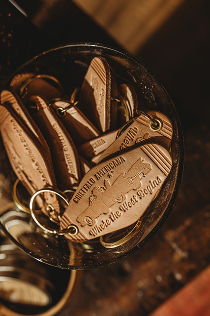 Leather keychains read "Chieffalo Americana | Where the West Begins".