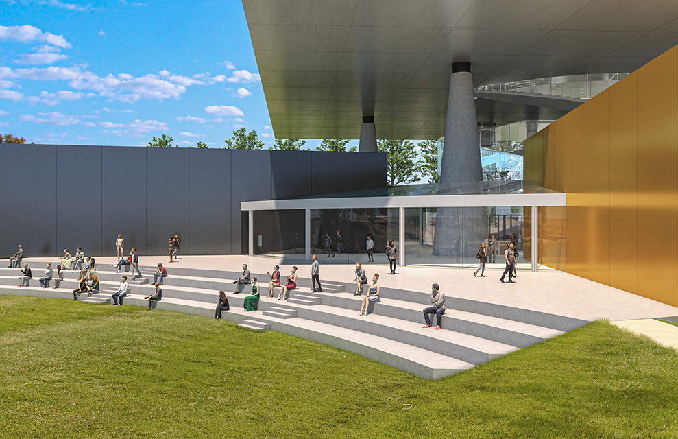 An outdoor space with seating at the National Medal of Honor Museum