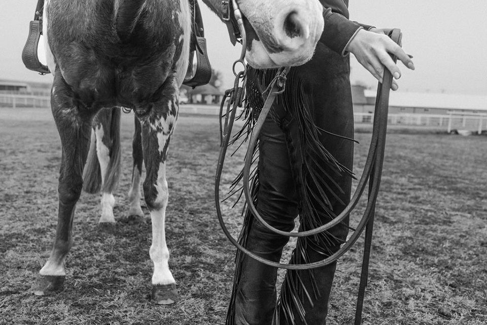 A student-athlete leads a horse.