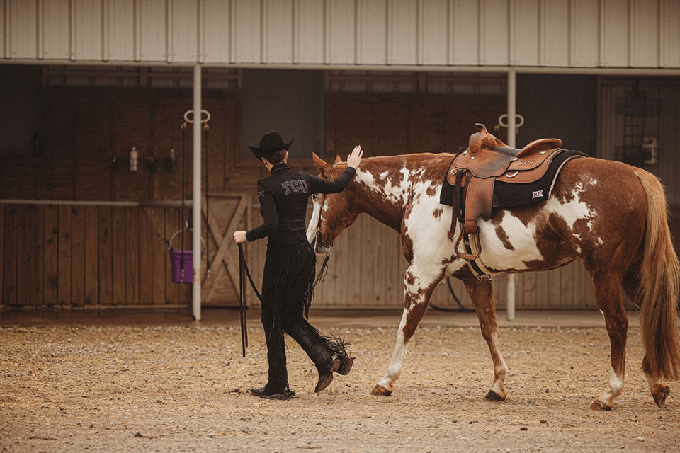 A student-athlete leads a horse.