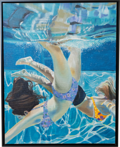 A painting of two girls swimming in a pool